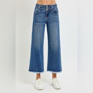 RISEN High Rise Crop Wide Leg Jeans with Wide Band Detail
